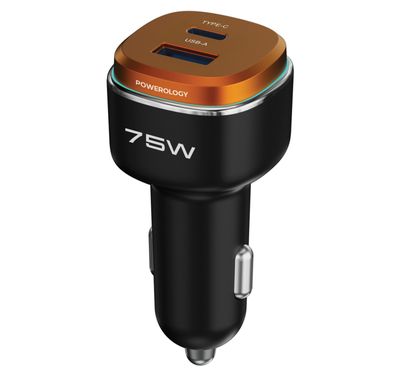 Powerology 75W Dual-Port High-Power Car Charger, USB-C & USB-A Ports, 75W Total Output, 45W Power Delivery, LED Ambient Light, Fast Charge, Zinc Alloy with Oil Painting Finish Material - Black / Orange