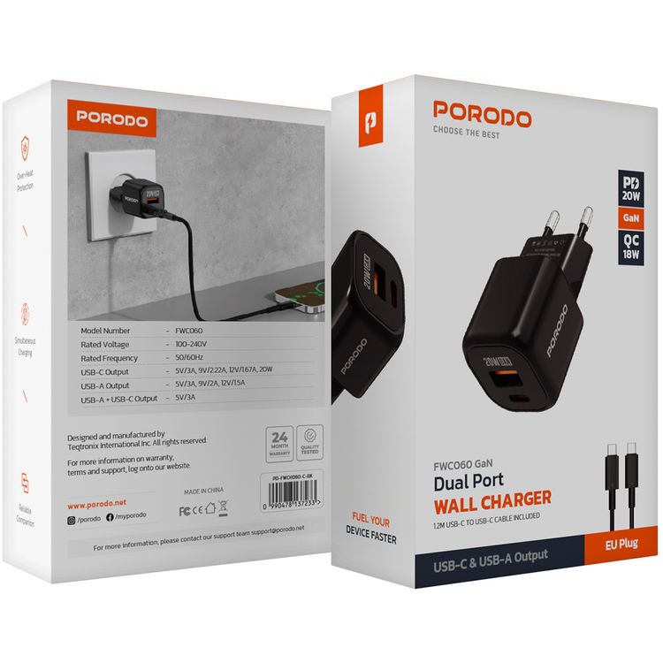 Porodo Dual-Port Wall Charger with Type-C to Type-C Cable Included, 20W Power Delivery, EU Plug, QC 18W, Simultaneous Charging, Overheat Protection, USB-C & USB-A Outputs - Black