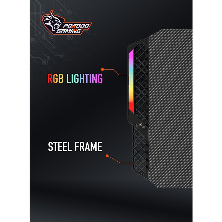 Porodo Gaming E-Sports Gaming Desk with Rubber Mousepad, Built-in Headphone Mount, Cup Holder & Cable Management Box, RGB Lighting Panel, Large Surface - Black