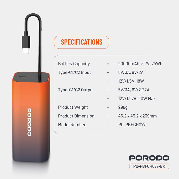 Porodo PB077 20000mAh Power Bank with  Integrated Type-C Cable, PD 20W, Type-C Ports, Portable Design, Fast Charge Support - Black