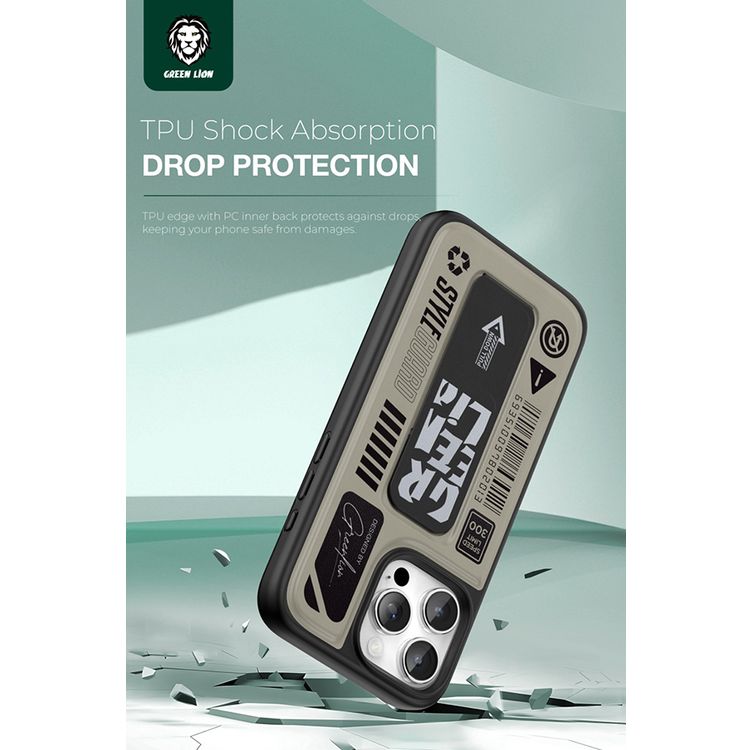 Green Lion Grip Pro MagSafe Case for iPhone 16 Pro, Foldable Leather Grip, 3800gs Force, Drop Protection & Shock Absorption, Anti Scratch - Titanium