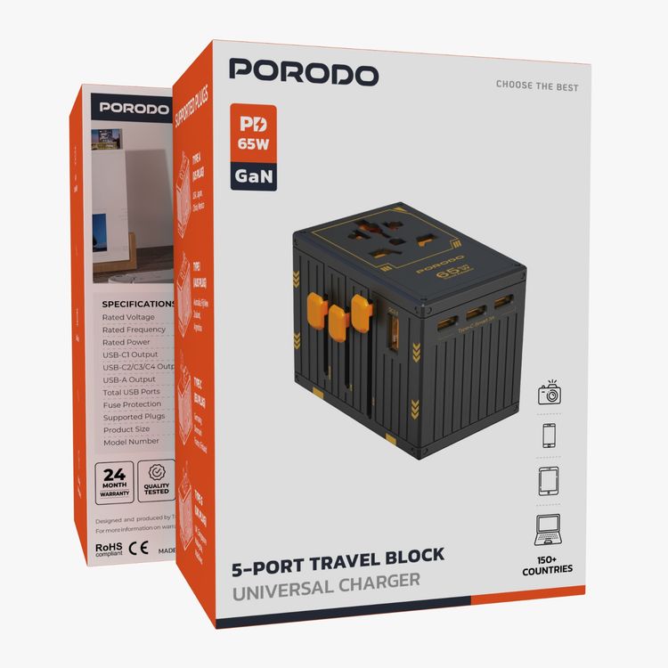 Porodo Travel Universal Charger, Dual Fuse, PD 65W, 4 USB-C & 1 USB-A  Ports, UK, EU, US & AU Supported Plugs, GaN Technology - Black