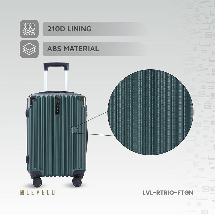 Levelo 3-Set ABS Luggage with Built-in Weighing Scale, Combination Lock, Iron Trolley, Double Wheels, Impact-Resistant Corners & Shock-Resistant, PP & Soft Rubber Handle - Forest Green