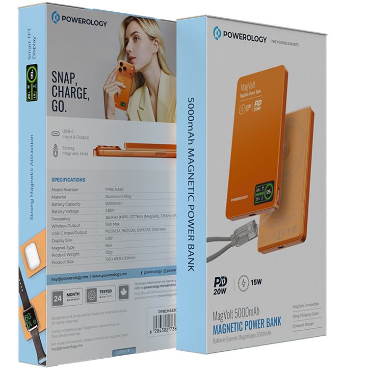 Powerology MagVolt 5000mAh Power Bank, 2.5W Watch Output, Up to 15W Phone Output, 20W Power Delivery, Ultra-Slim Design, Smart TFT Display, N54 MagSafe Compatible - Orange