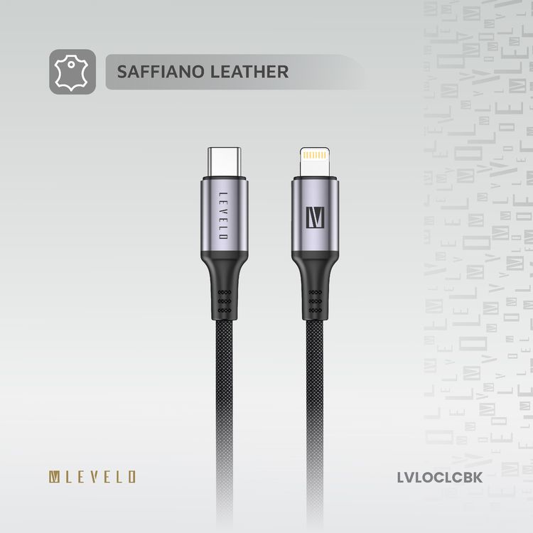 Levelo Otto USB-C to Lightning 30W Leather Cable, Tangle-Free, Fast Charging, Heat Resistant, 1.2m Cable Length - Black 