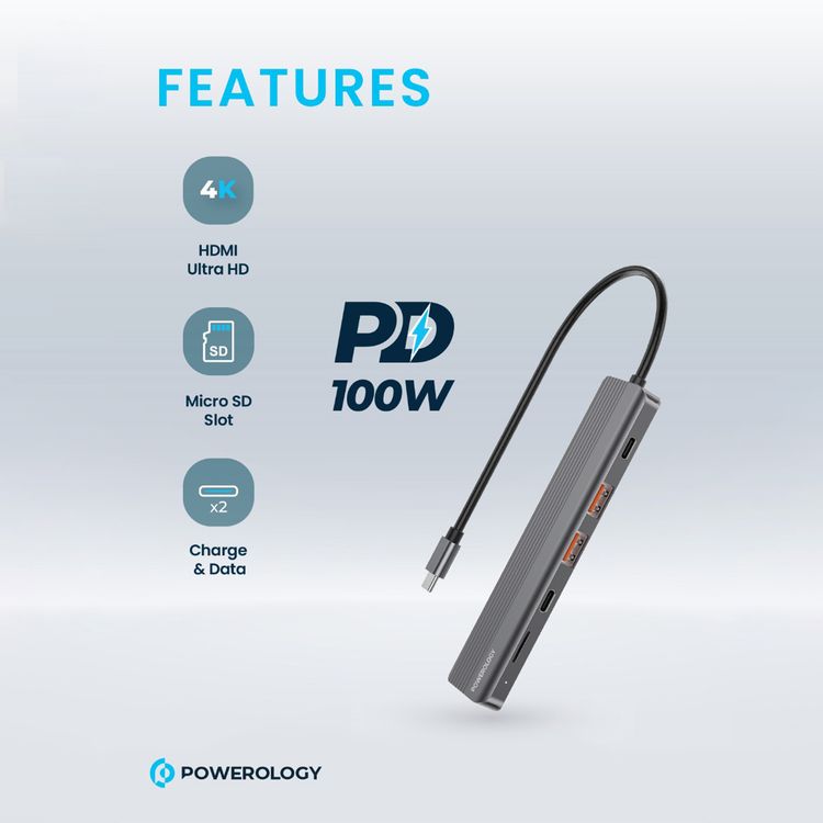 Powerology 6-in-1 Slim USB-C Hub with 4K Ultra HD HDMI, 100W PD, v3.2 10Gbps Super Speed USB-C Data, 2 x v3.2 10Gbps Super Speed USB-C Data, 4K UHD @ 60Hz HDMI, Supports v3.0 MicroSD, Fast Data & Charge - Gray