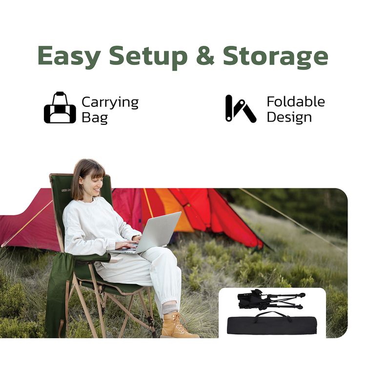 Green Lion Outdoor Camping Chair With Carrying Bag with Durable Fabric Oxford 600D Material, Bottle Holding Pocket, Camping Friendly, Easy to Carry - Dark Green