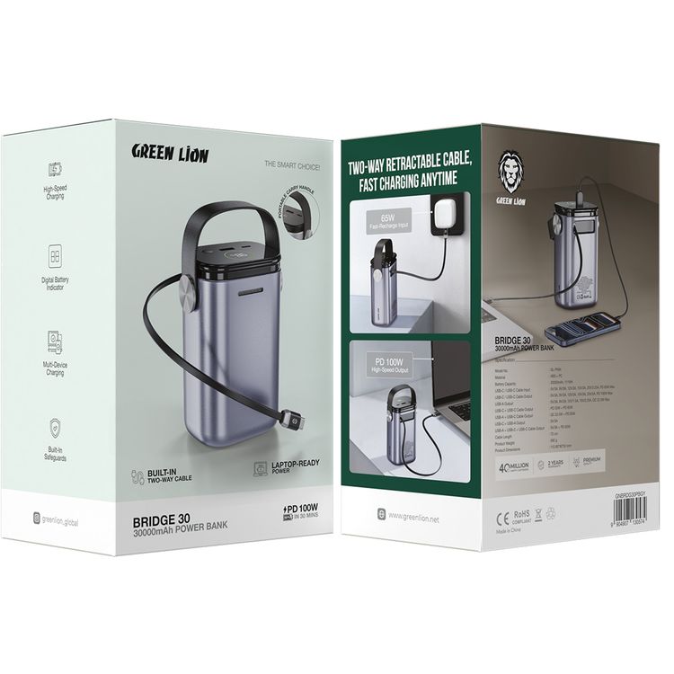 Green Lion Bridge 30 Power Bank with 30000mAh Capacity, High-Speed Charging, Digital Display Indicator, Multi-Device Charging, Built-in Safeguards, Laptop-Ready Power, 65W Fast-Recharge Input, PD 100W High-Speed Output, Portable Carry Handle - Gray