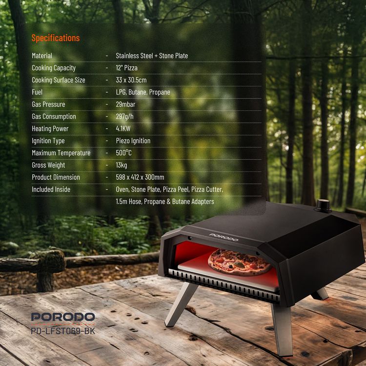 Porodo Lifestyle 12" Pizza Outdoor Oven with Foldable Legs, 60s Cooking Time, 500° C Rapid Heating, Butane & Propane Compatible, 30-45 Minutes Pre-Heat Time, Piezo Ignition - Black