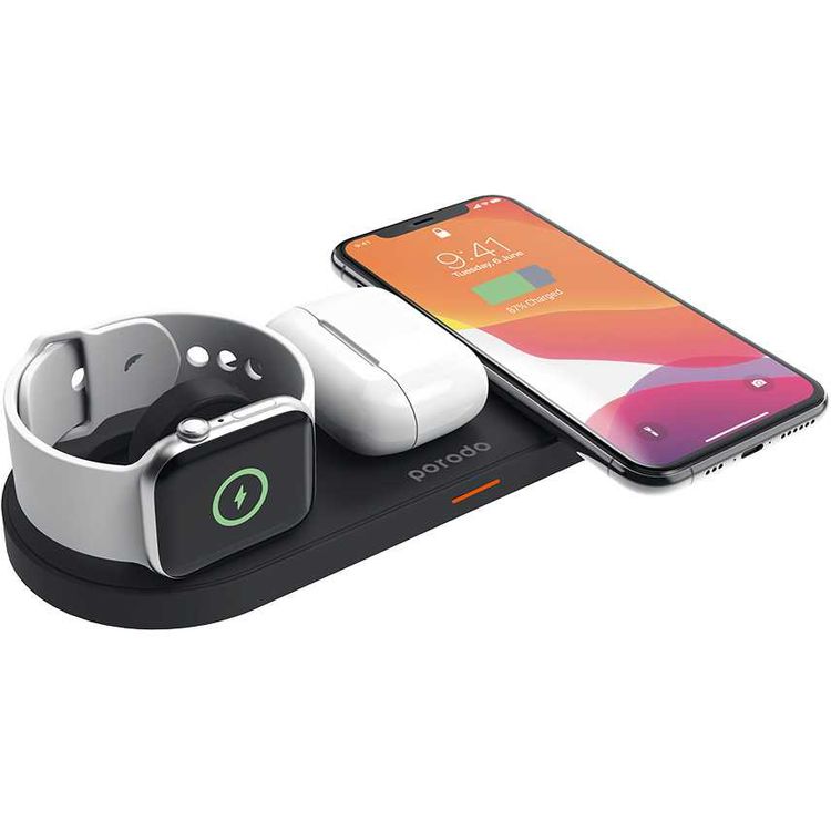 Porodo Fast Wireless Slim Charging Station 4 in 1, Type C Input Compatible for iPhone 12/12 Pro/12 Pro Max/12 Mini, AirPods 2&1/Pro, Embedded Apple Watch Magnetic Charger - Black