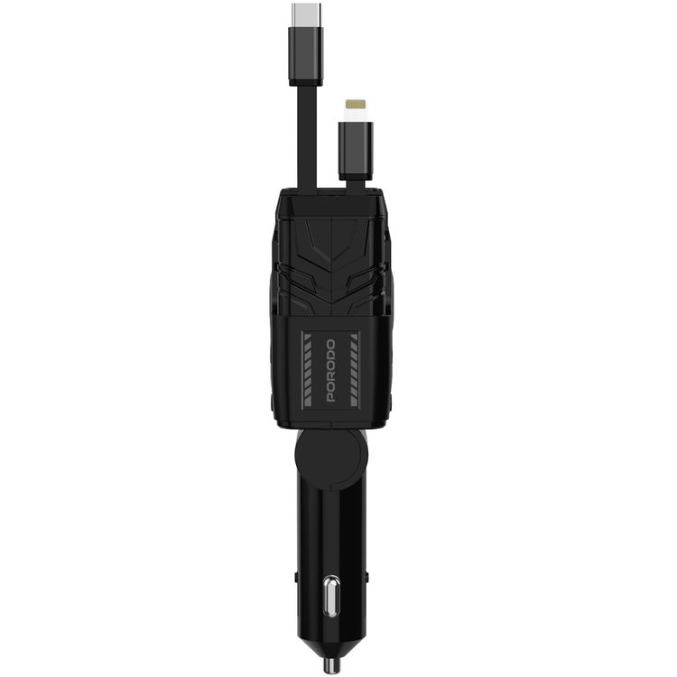 شاحن سيارة بورودو 66 وات مع أسلاك Lightning وType-C، PD 36 وات، متوافق عالميًا، شحن متزامن، طول الكابل 80 سم - أسود