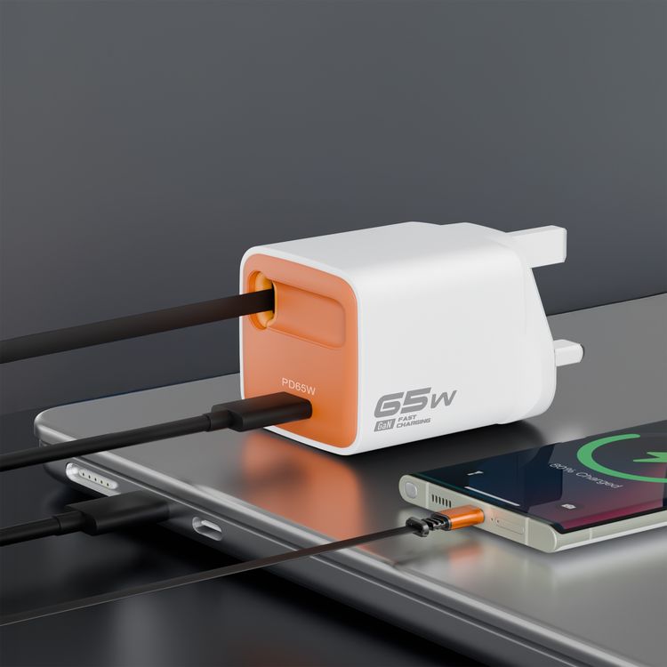 Porodo Tezpatro 65W GaN Charger with USB-C Retractable Cable, 1.5A Rated Current, 65W Power Delivery, 80cm Cable Length, Flame-Retardant Housing, Fast Charge Support - White / Orange