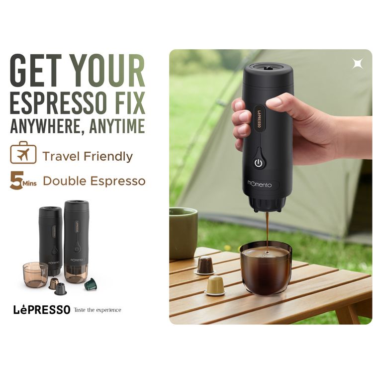 LePresso Momento 2.0 Portable Espresso Coffee Machine, Ground & Nespresso Compatible, 75W Power, 2500 mAh Battery Capacity, 2-3 Hours Re-Charge Time, 4 Single Shots Fully Charged Working Time - Black