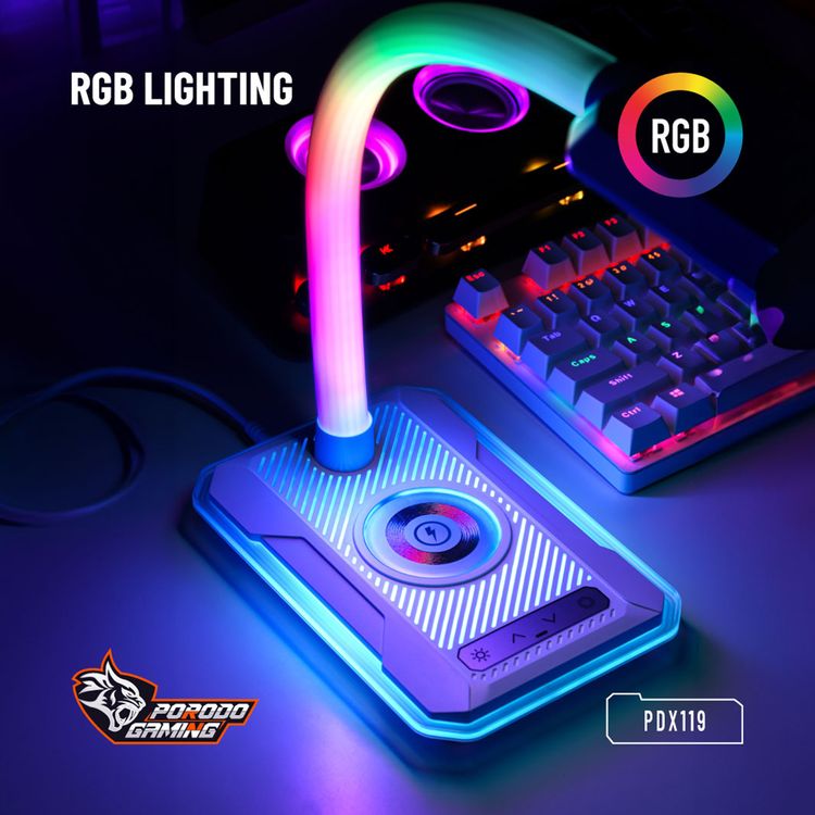 Porodo Gaming E-Sports Desk Lamp with Charging Base, Viewing Angle Adjustment, Colorful Light Adjustment, Brightness Levels, Plug & Play, 10W Max Wireless Output - White