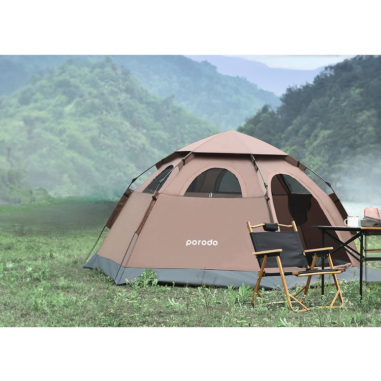 Porodo Lifestyle Automatic Camping Tent for Up to 4 People, Mesh Window, Water-Proof & Wind-Resistance, Quick & Easy Set-Up, Includes Ground Nails & Storage Bag - Brown