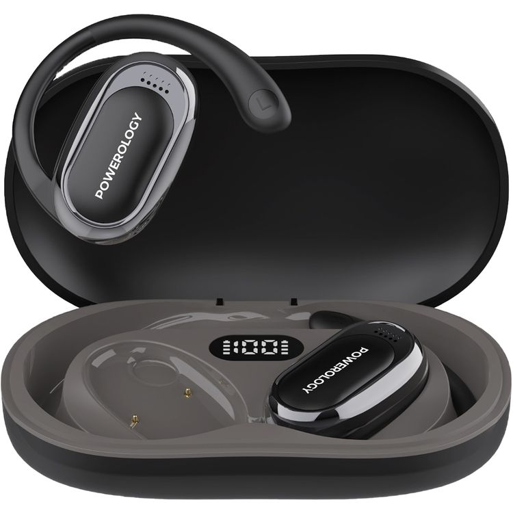 Powerology Oura Open-Ear Headphones with Enhanced Situational Awareness, Up to 8.5 Hours Battery Life, Type-C Charging Port, Bluetooth Version 5.4, 10m Bluetooth Transmission, Omnidirectional Microphone, Immersive Audio, Digital Battery Display, Ergonomic Fit - Black
