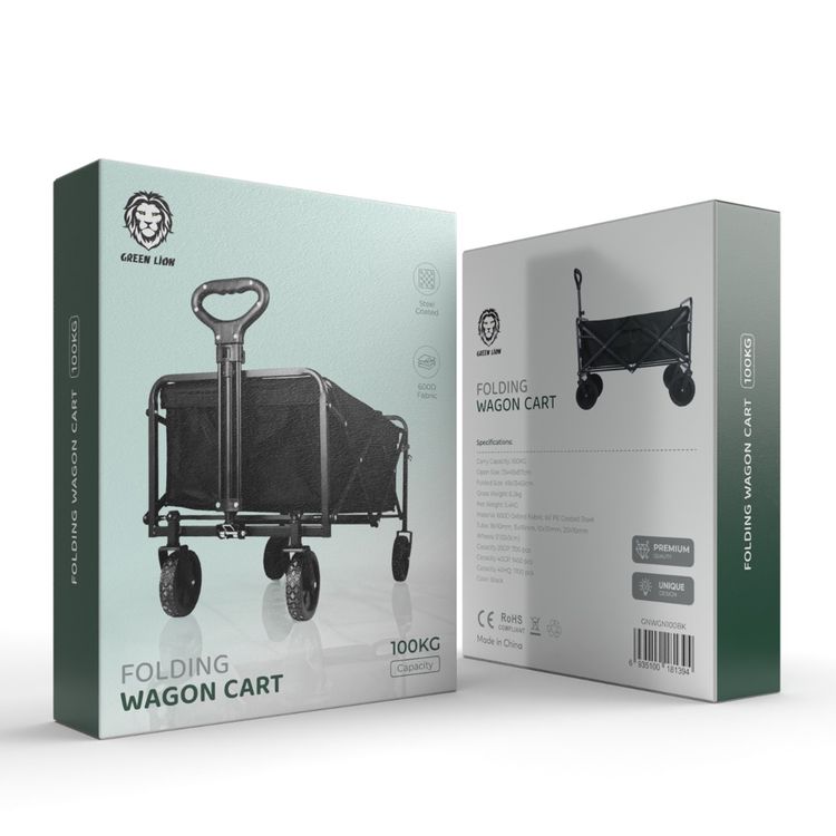 Green Lion Folding Wagon Cart with 100kg Load Capacity, Fast Set-Up & Fold, Adjustable Handle, Foldable - Black