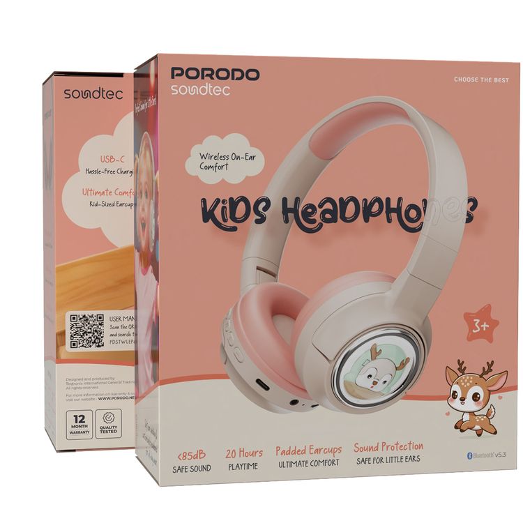 Porodo Soundtec Moose Wireless Kids Headphones with LED Lights, 40mm Speaker, 20 Hours Play Time, Bluetooth 5.3, 400mAh Battery, USB-C Charging Port, Comfort Cushions - Pink