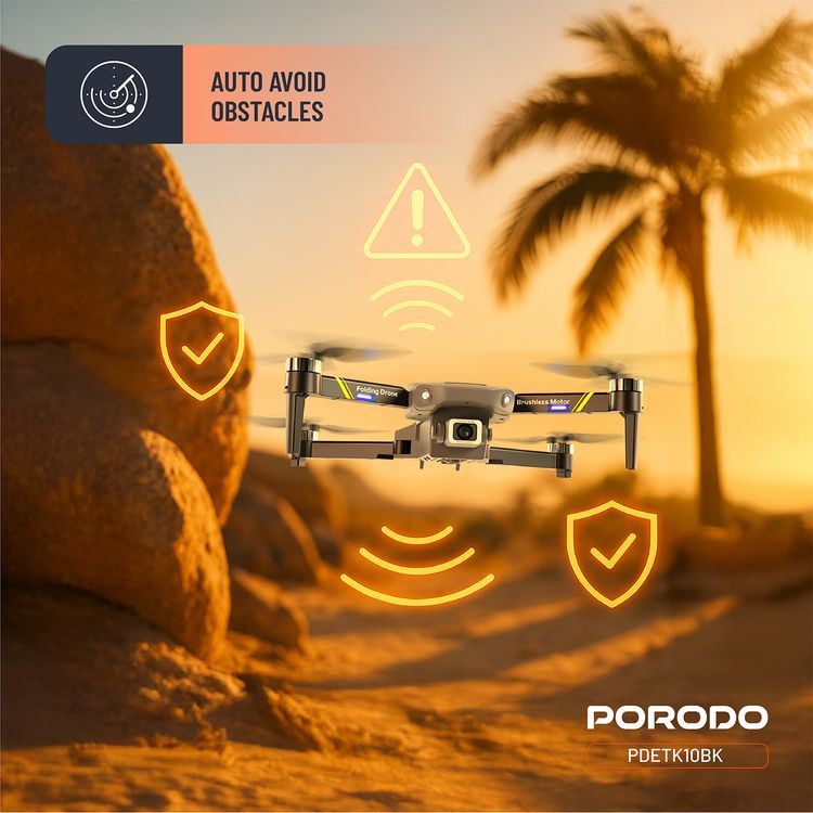 Porodo Aero View Drone with 120m Operational Distance, 360° Flip and Roll, Easy Takeoff & Landing, Up to 12 Minutes Flight Time, 10Km/h Max Speed, 120 Minutes Charging Time - Black 