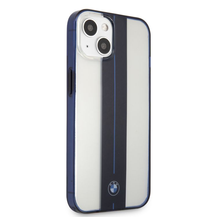 CG MOBILE BMW PC Transparent Hard Case with Navy Middle Stripe & Light Blue Line with Navy Edges Compatible for iPhone 13 (6.1")