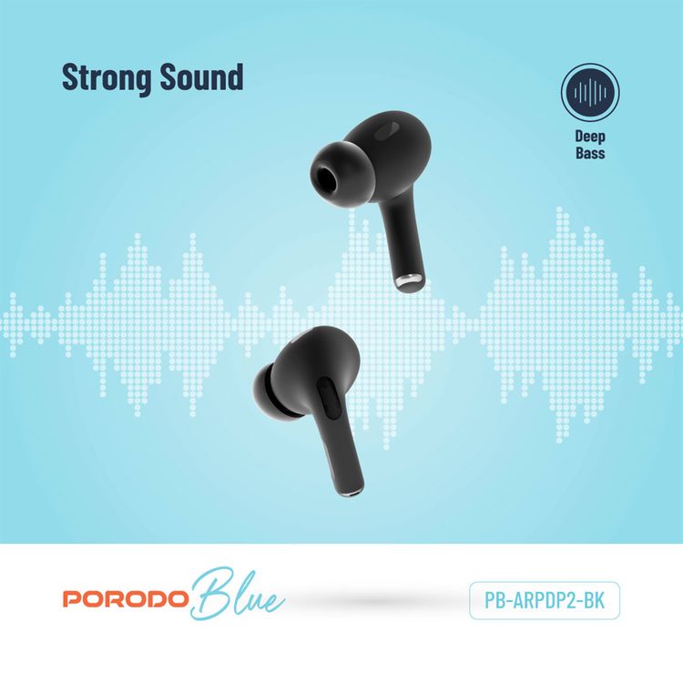 Porodo Blue Earbuds Pro 2 With Swipe Volume, 20 Hours Working Time, Wireless Charging, Deep Bass, Independent Earbuds, Touch Control - Black