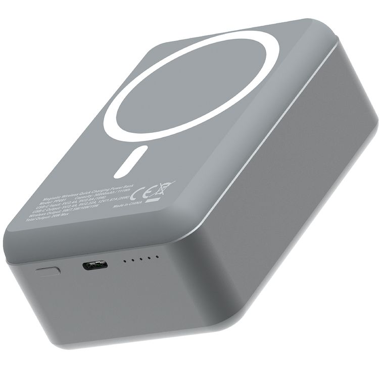Powerology 30000mAh MagSafe Aluminum Power Bank with 20W Power Delivery, 15W Wireless Output, Li-Polymer Battery, Simultaneous Charging, Compact Design - Dark Gray