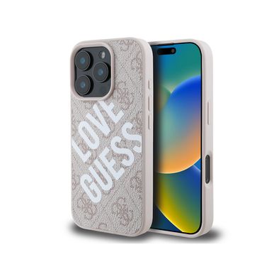 Guess PU 4G Hard Case with Big Love Guess Logo For iPhone 16 Pro Max, High Quality Material, Lightweight, Easy Snap-on - Pink