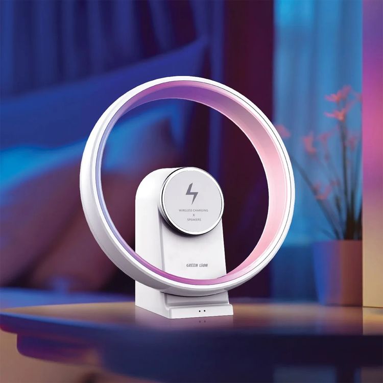 Green Lion Jupiter Wireless Charger & Speaker with 9 Lighting Modes, Bluetooth Version 5.2, USB-C Input Port, 1800mAh Battery, Up to 2 Hours Working Time, 4 Brightness Levels, Control Buttons - White