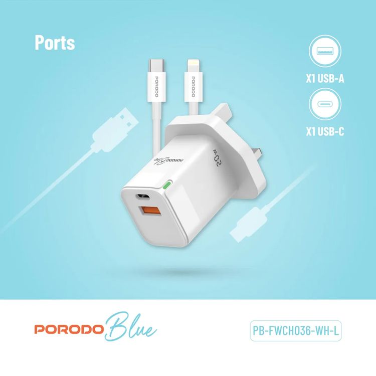 Porodo Blue Ultra-Quick Charger with 1m USB-C to Lightning Cable, USB-A & USB-C, 20W, 3A Output Current, 5V Output Voltage, Multi-Device Charging, Fast Charge Support - White