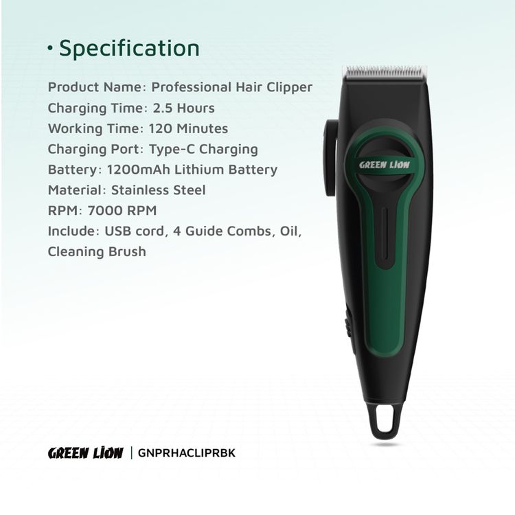 Green Lion Professional Hair Clipper with 4 Size Combs, Stainless Steel Material, 120 Minutes Working Time, 2.5 Hours Charging Time, 1200mAh Lithium Battery, Type-C Charging Port, LED Indicator - Black