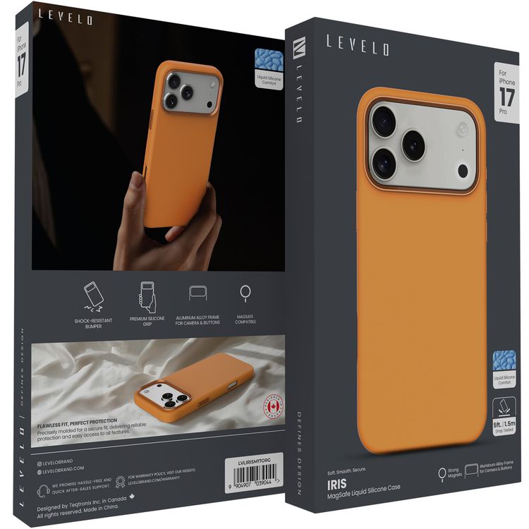Levelo Iris MagSafe Liquid Silicone Case for iPhone 17 Pro, Strong Magnets, Drop-Tested, Aluminum Alloy Frame for Camera & Buttons, Shock-Resistant Bumper, Premium Silicone Grip - Orange