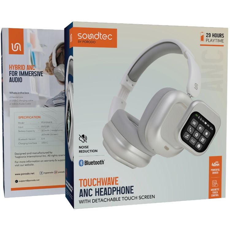 Porodo Soundtec Touchwave ANC Headphones with Detachable Touch Screen, 300mAh Battery Capacity, USB-C Charging Port, 2 Hours Charging Time, Bluetooth Version 5.4, 10m Transmission Range, Up to 29 Hours Play Time, Built-in Microphone, Immersive Audio, Compact Foldable Design - White