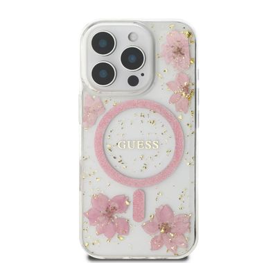 Guess MagSafe Hard Case with Resin Flowers Design for iPhone 16 Pro, Drop protection, Comfortable Grip - Pink