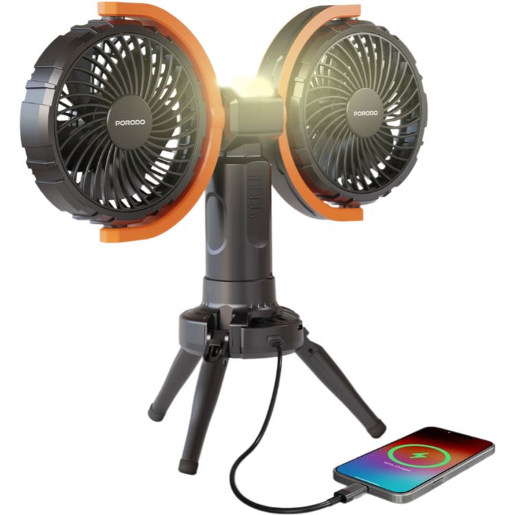 Porodo Lifestyle Dual-Head Oscillating Fan with LED Light, Power Bank, ABS & PP Material, 8000mAh Battery Capacity, Stable Tripod Base, Type-C Charging Port, 4 Levels Fan Speed, Hidden Hook - Black