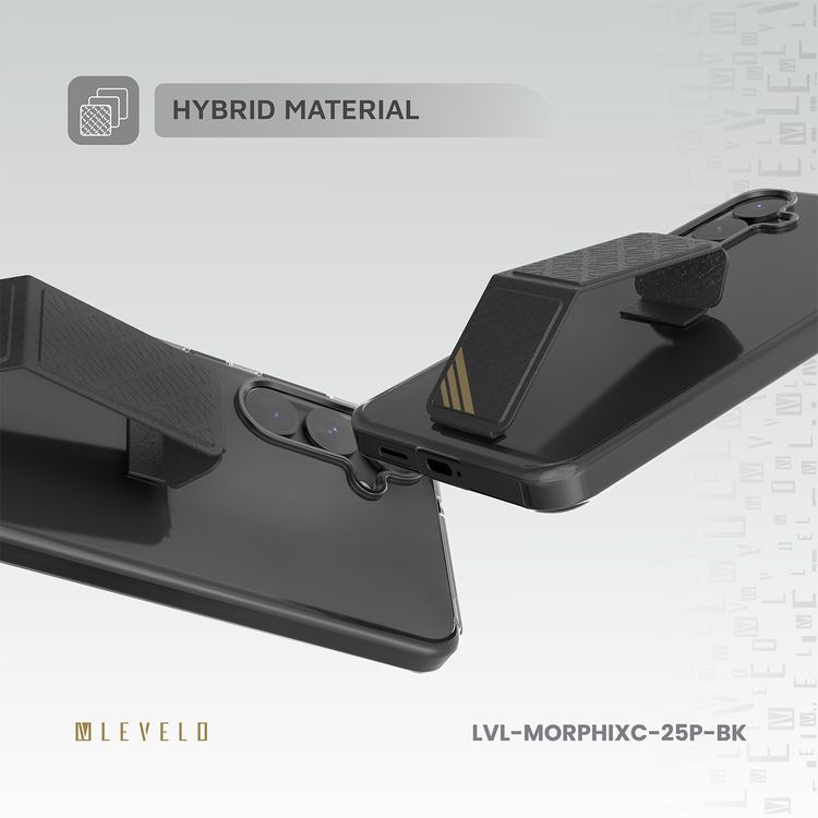 غطاء Levelo Morphix Clara مع مسكة جلد مدمجة لهاتف Samsung Galaxy S25 Plus، مصنوع من مادة TPU، زوايا مقاومة للصدمات، حلقة كاميرا معدنية، مادة هجينة - اللون الأسود.