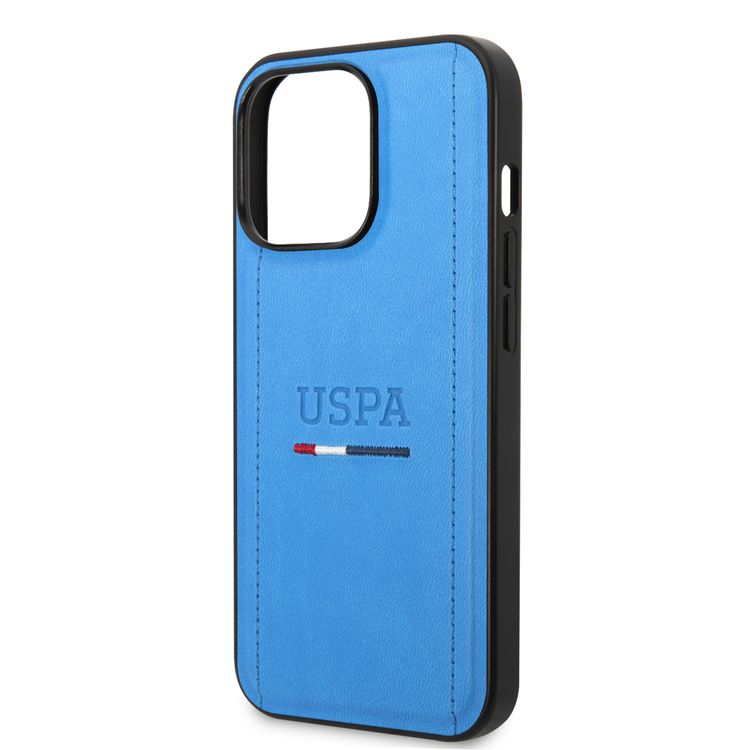 USPA PU Leather Case with Tricolor Stitches & Initials Full Protection iPhone 14 Pro Max Compatibility - Blue