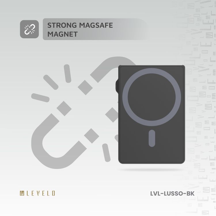 Levelo Lusso MagSafe Card Holder with Strong MagSafe Magnet, Saffiano PU Leather, 3 Card Slots, Card Pop-up Button - Black