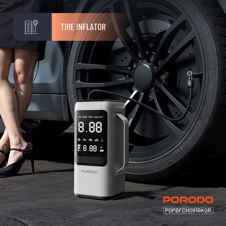 Porodo 6-in-1 Multifunction Power Tool with 8000mAh Power Bank, 1000A Jump Starter, 273m/s Blower, 5000Pa Car Vacuum, 200 Lumens LED Lights with SOS Mode, 22L/min Tire Inflator, 284m/s Suction Speed, 5000Pa Max Pressure, 1m USB-C Cable, 35cm Air Hose Length - Black / Gray