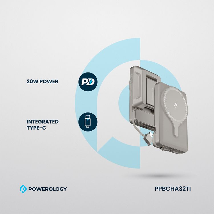 Powerology Car Mount 5000mAh Power Bank with Magnetic Wireless Charger, MagSafe Charging, PD 20W Fast Charge, Folding Air-Vent Clip, LED Indicator, Built-In Type-C Cable, Lightweight & Portable - Titanium