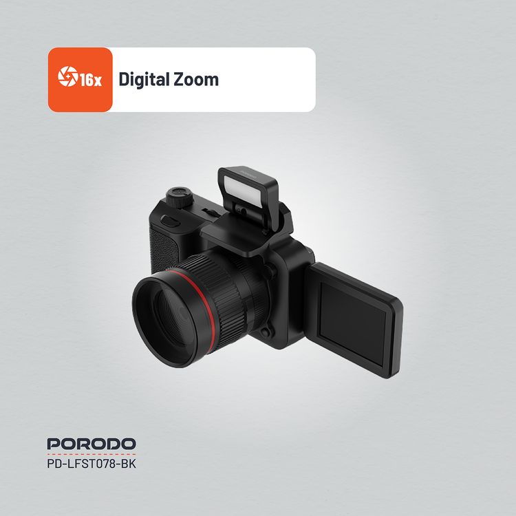 Porodo Lifestyle Mini Digital Camera with 64GB Memory Card, 650mAh Battery Capacity, 180° Flip Screen, 3 Hours Working Time, 2.2" Screen, 16× Zoom, 4K Video, 2.5 Hours Charging Time - Balck 