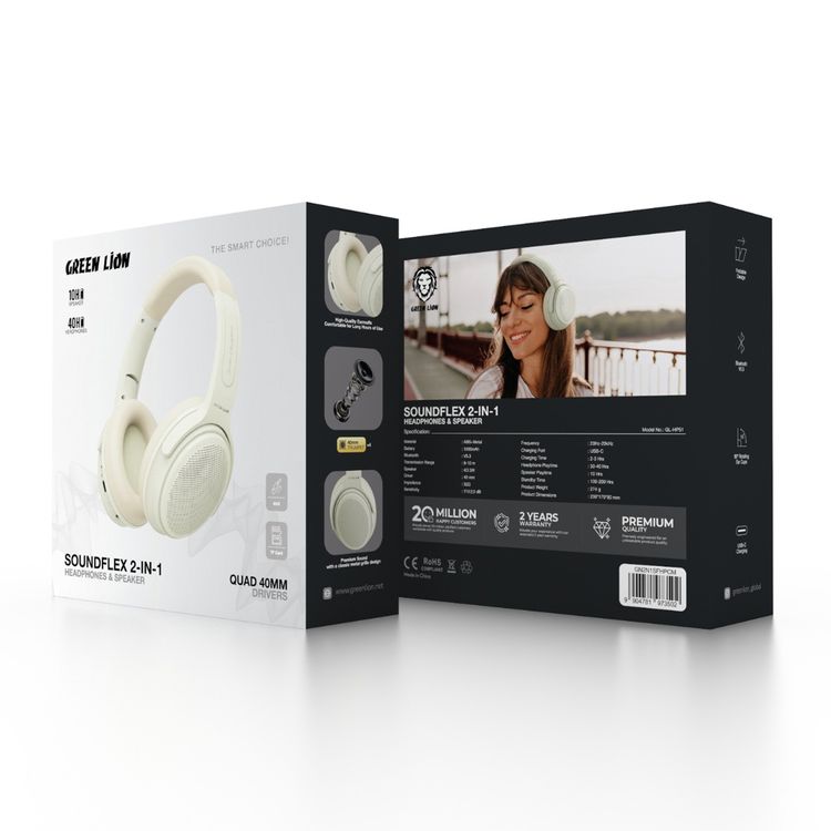 سماعات ومكبر صوت Green Lion SOUNDFLEX 2 في 1 بسعة بطارية 1000mAh، أكواب أذن تدور بزاوية 90 درجة، 10 ساعات تشغيل كمكبر صوت، 40 ساعة تشغيل كسماعات، بمحركات رباعية 40MM.