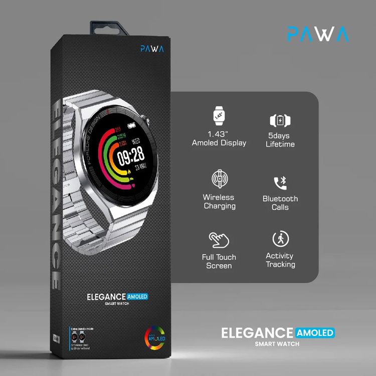 ساعة Pawa Elegance Amoled الذكية بشاشة لمس كاملة وشحن لاسلكي - فضي