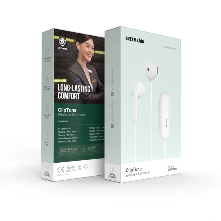 Green Lion Clip Tune Wireless Earphones with Creative Clip-On Design, Up to 11 Hours Working Time, 14.2mm Speaker, Control Buttons, 60 Hours Standby, Comfortable to Wear, USB-C Charging Port - White