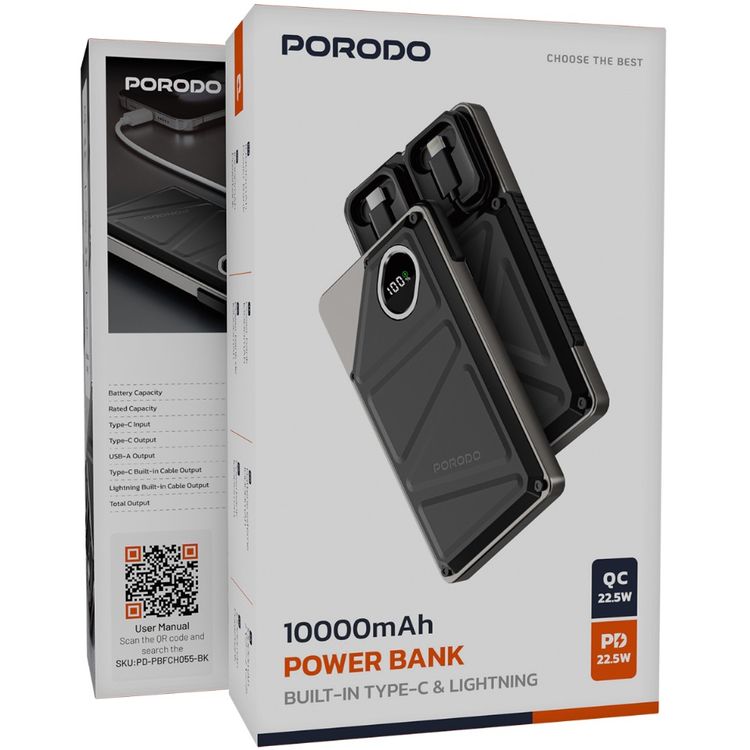 باور بانك بورودو 2x Type-C، بقدرة 10000 مللي أمبير، 2.4 أمبير لايتنينج، مخرج USB-A بقوة 22.5 وات، PD 20 وات، شاشة رقمية، شحن متزامن - أسود