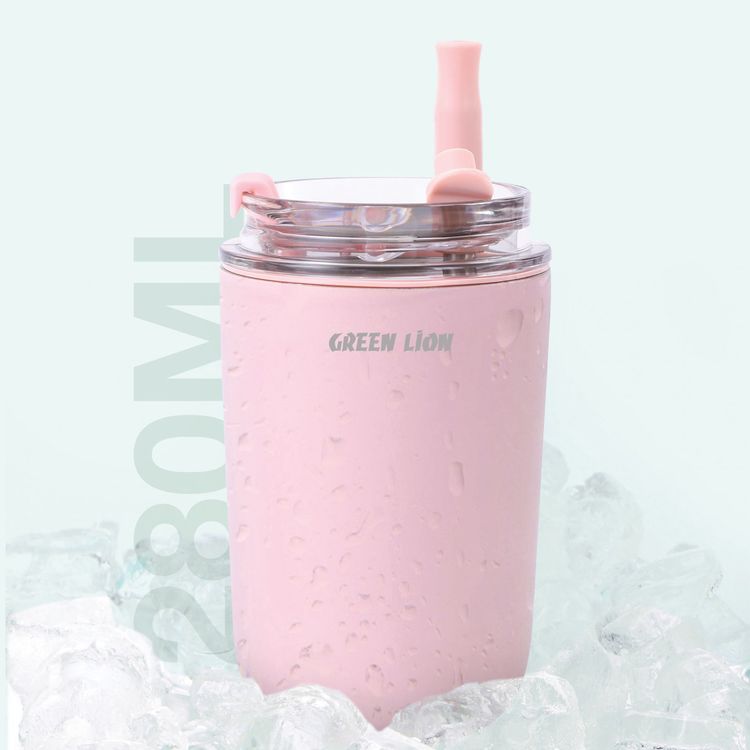 Green Lion Vacuum Travel Mug Lite, 280 mL Capacity, Keeping Hot for 6 Hours and Cold for 12 Hours, Food Grade Silicone Straw, Food Grade Stainless Steel Cup - Pink