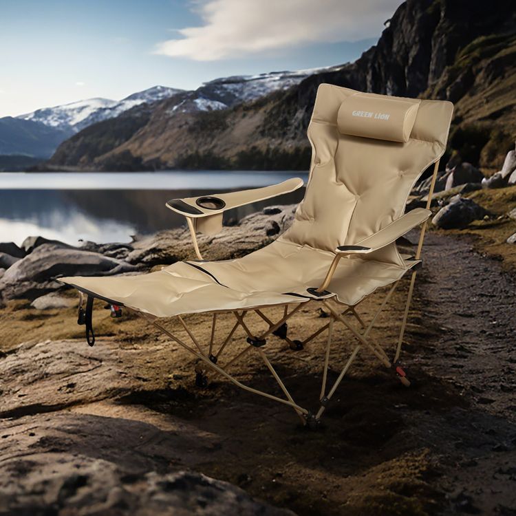 Green Lion Vestro Camping Chair with Anti-Slip Base, Removable Footrest, Lightweight Design, Wear-Resistant Fabric, Side Storage Pocket, Built-in Cup Holder, 120kg Load Capacity - Beige