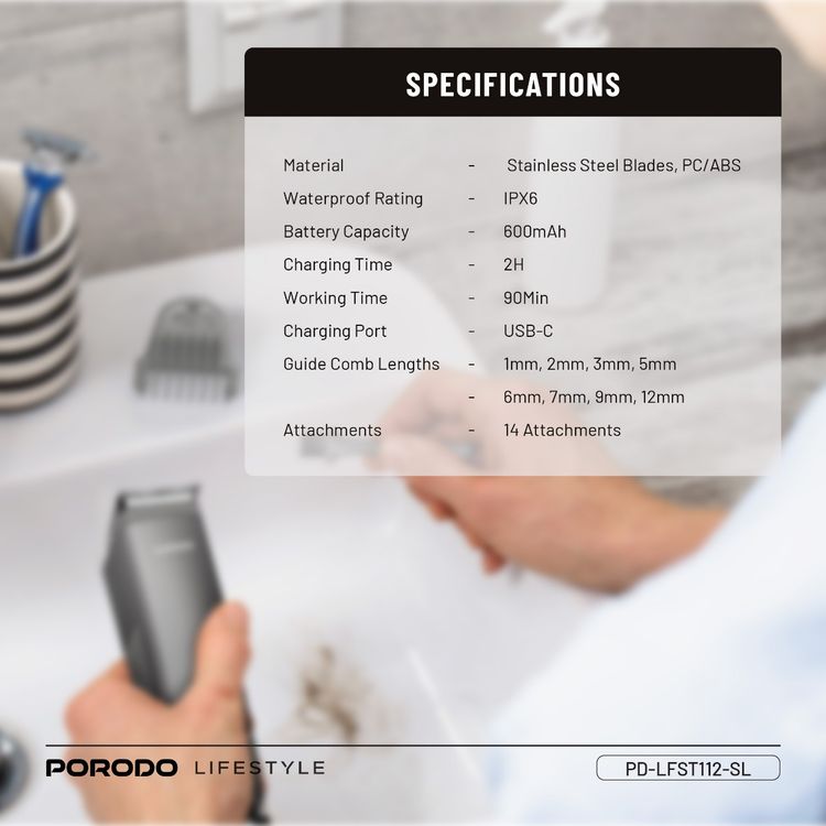 Porodo Lifestyle 14-in-1 Trimming Kit with IPX6 Waterproof Rating, Length Customization, Cord & Cordless Use,  600 mAh Battery Capacity - Silver 