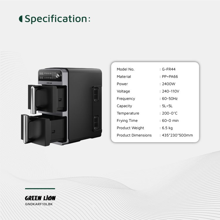Green Lion Double Decker Air Fryer, 2400W, 110-240V,  50-60 Hz Frequency,  5L+5L Capacity, 0-200°C Temperature, Auto Function, Sync and Match Functions - Black