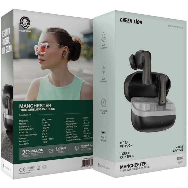Green Lion Manchester True Wireless Earbuds with ABS Material, 25mAh Earbuds Battery, 200mAh Case Battery, Bluetooth Version 5.4, 12m Bluetooth Range, 2000 Hours Standby Time, Type-C Charging Port, 70 Minutes Charging Time, IPX3 Waterproof Level, Touch Control - Black
