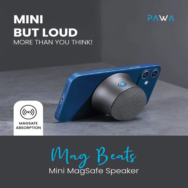مكبر صوت PAWA Magbeats Mini MagSafe بمسافة بلوتوث 10 أمتار، ومكبر صوت 3 وات، وبطارية مدمجة 300 مللي أمبير في الساعة